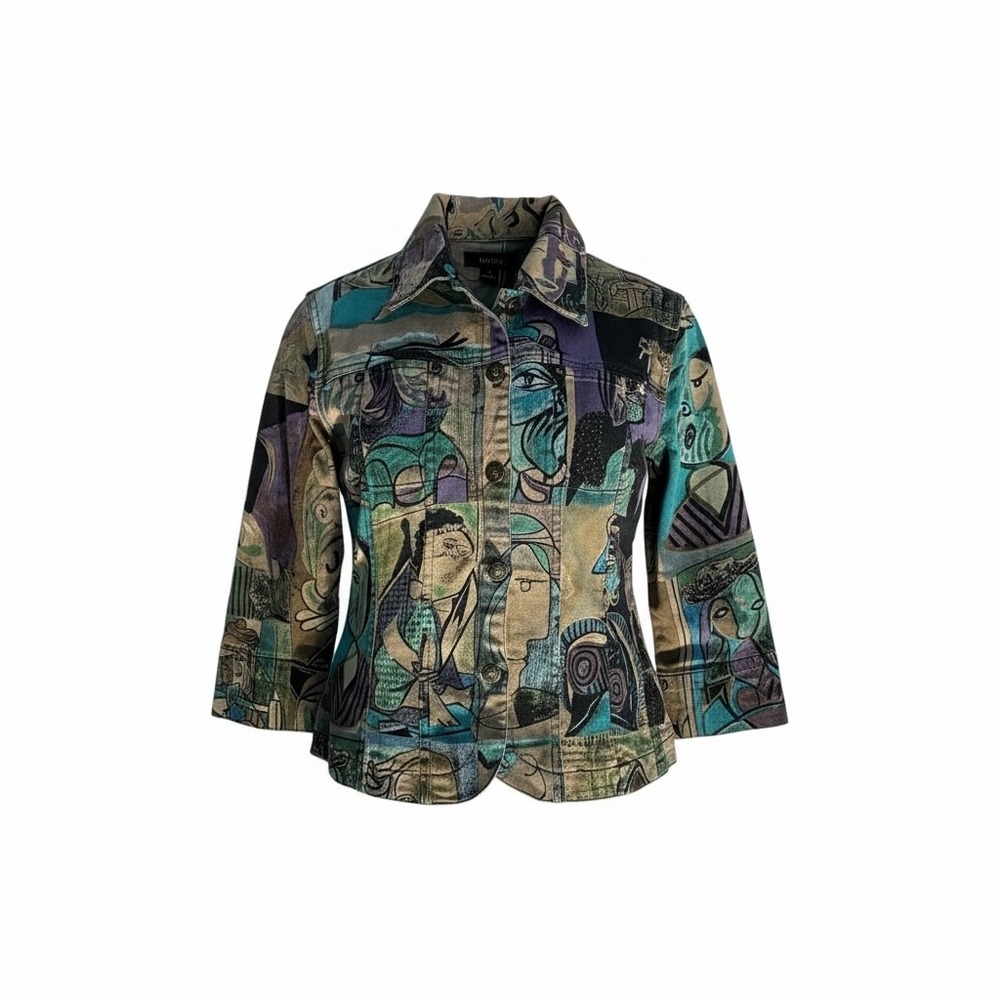 Vintage Womens Picasso Cubist Art Print Jacket‎ 3/4 Sleeve Button Front Small